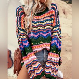 🆕 Boho Chic Knitted Crew Neck Sweater Multi-colored in women’s Small